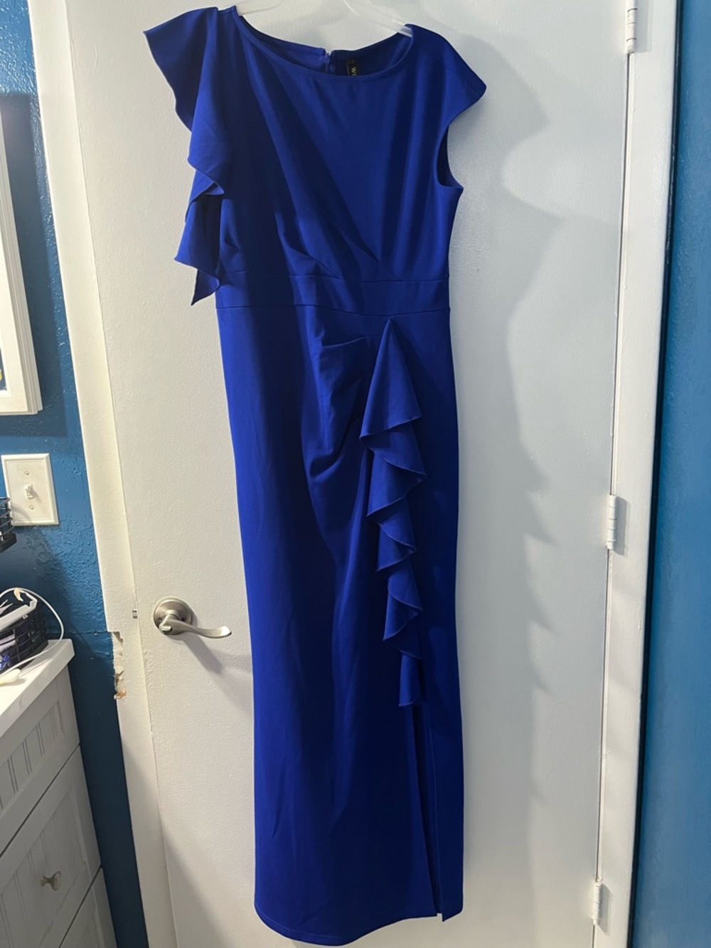 Asymmetrical Royal Blue Ruffle Column Dress
